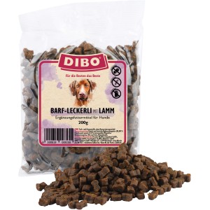 Dibo Hunde-Belohnungssnacks Barf Lamm, 200g Packung mit kleinen, braunen Leckerlis.