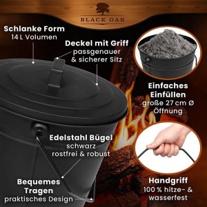 BLACK OAK Ascheeimer ETNA 14L mit Deckel, pulverbeschichteter Aschebehälter für Kamin und Grill.
