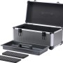 Offener LUX Aluminium Werkzeugkoffer mit Einteilung und Trageeinsatz in Silber/Schwarz.