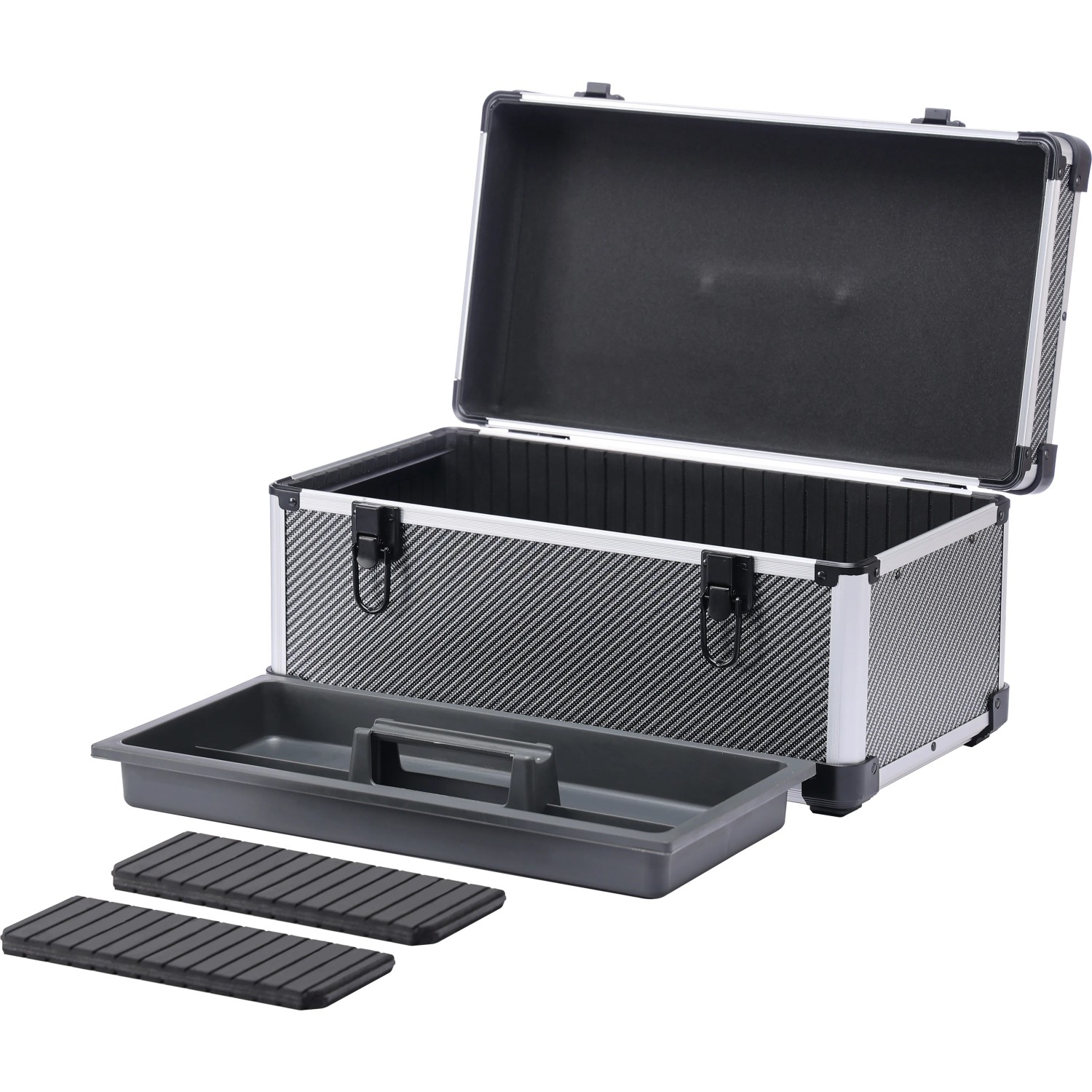 Offener LUX Aluminium Werkzeugkoffer mit Einteilung und Trageeinsatz in Silber/Schwarz.