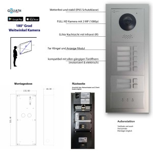 Goliath IP Video Türsprechanlage für 7 Familien in Silber/Schwarz mit RFID und App Steuerung.