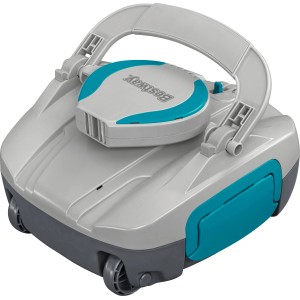 Bestway AquaTronix G100 Poolroboter in Grau/Türkis mit Tragegriff und Rädern.