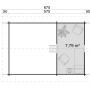 Grundriss des Lasita Maja Gartenhaus Caroline Set, 575x390 cm, mit Maßen und Raumaufteilung.