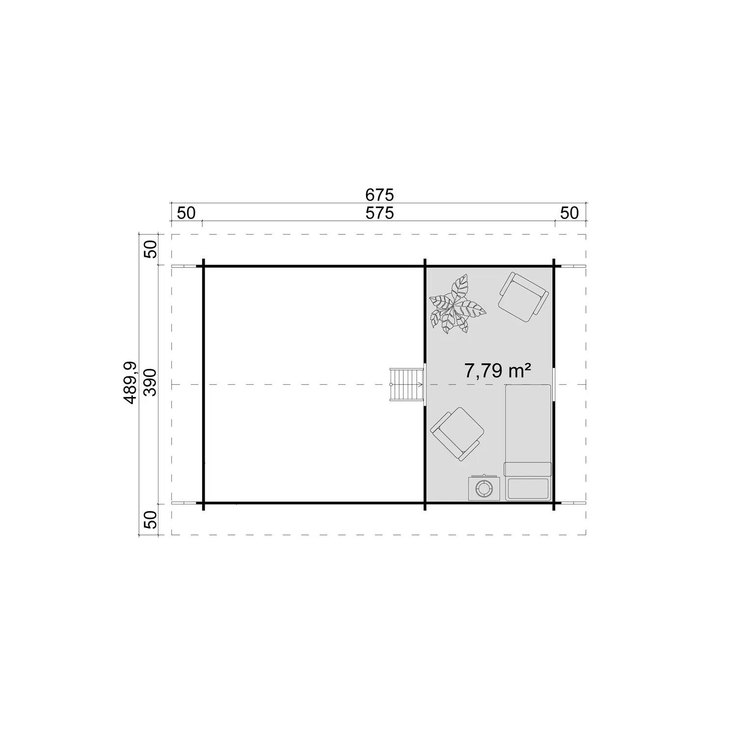 Grundriss des Lasita Maja Gartenhaus Caroline Set, 575x390 cm, mit Maßen und Raumaufteilung.