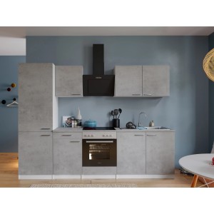 Respekta Küchenblock Malia 270 cm in Betonoptik mit Kühl-/Gefrierkombination.