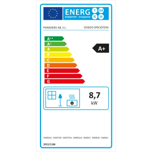 Energielabel für Panadero Oviedo Speckstein Kaminofen, A+, 8,7 kW Leistung.