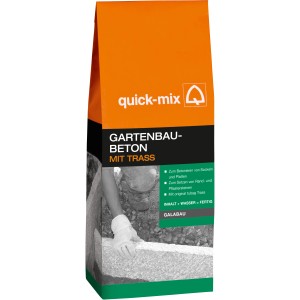 Quick-Mix Gartenbaubeton mit Trass, 10 kg Sack, geeignet für Garten- und Landschaftsbau.