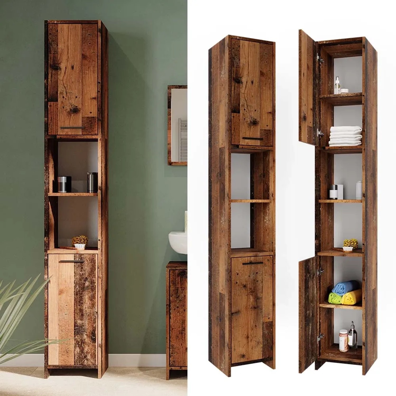Vicco Badschrank Kiko in Eiche Rustikal, 30x190 cm, mit offenen Fächern und Türen für Badartikel.