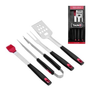 Taino 4-tlg. Grillbesteck Set aus Edelstahl: Grillgabel, Wender, Zange, roter Silikonpinsel. Schwarze Griffe, rote Akzente. Grillzubehör.