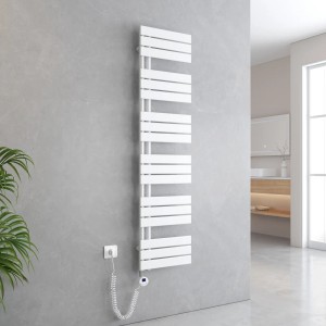 Weißer, elektrischer Emke Badheizkörper 40x159cm mit Thermostat und Timer. Handtuchheizkörper für das Badezimmer.
