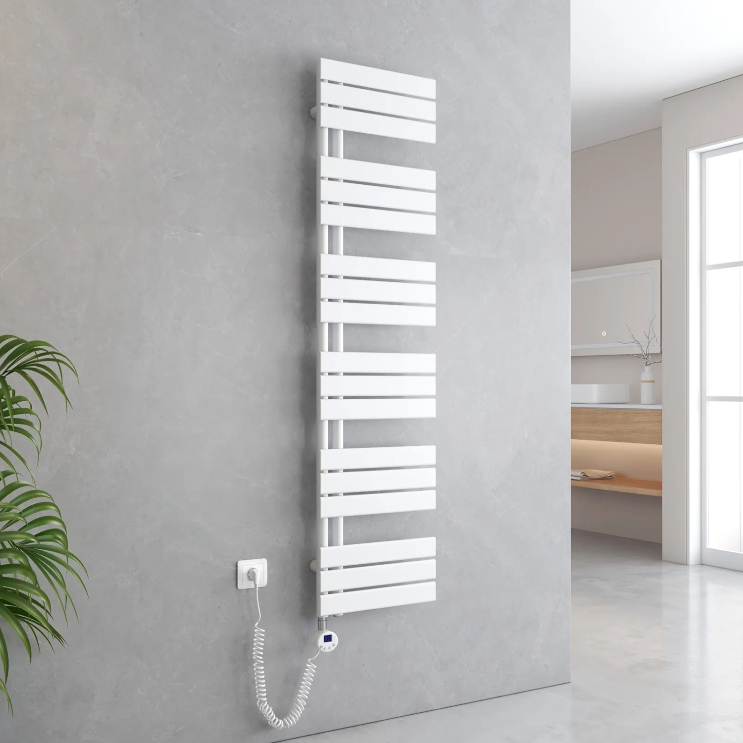 Weißer, elektrischer Emke Badheizkörper 40x159cm mit Thermostat und Timer. Handtuchheizkörper für das Badezimmer.