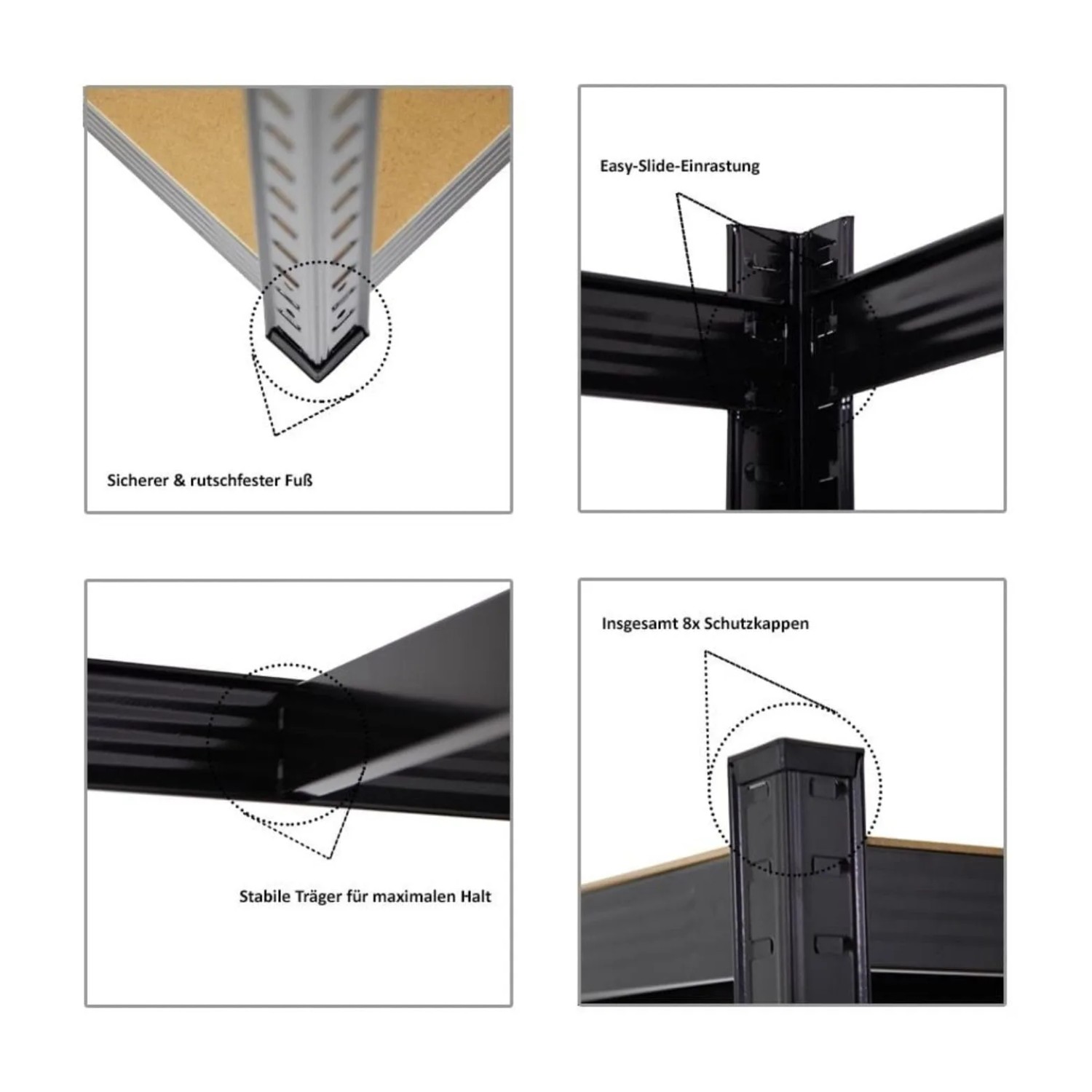 Details des schwarzen PROREGAL Schwerlastregals Giant Ragnar: Fuß, Easy-Slide, Träger, Schutzkappen.