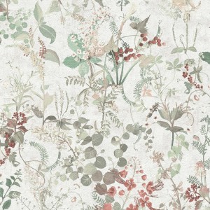 Schwedische Tapete mit Blumenmuster in Weiß, Grün und Rot. Vintage Blumentapete im skandinavischen Stil.