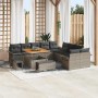 Graues 13-teiliges vidaXL Garten-Sofa-Set aus Poly Rattan mit Tisch und Hockern.