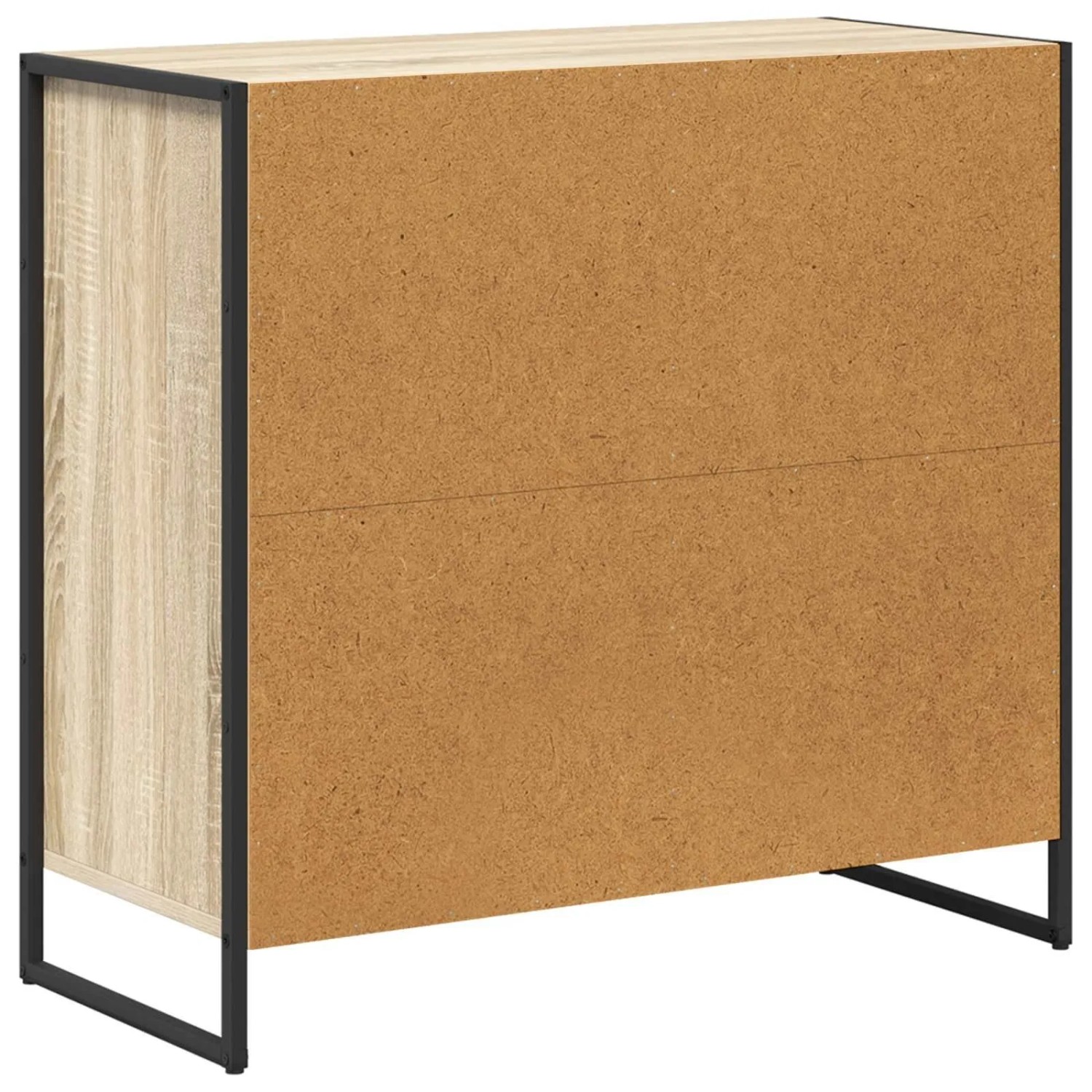 vidaXL Seitenschrank Sonoma aus Holzwerkstoff. Braune Rückwand, Seiten in Sonoma-Holzoptik, schwarzes Metallgestell.