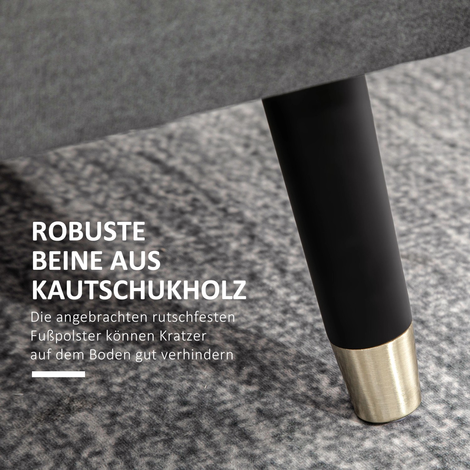 Detailaufnahme: Schwarze Metallbeine mit goldenen Füßen der grauen HOMCOM Sitzbank mit Stauraum.