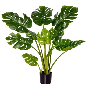 HOMCOM Künstliche Monstera Pflanze, 110 cm, mit großen, geschlitzten grünen Blättern in schwarzem Topf.