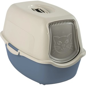 Rotho Katzentoilette Eco Bailey, blau/sandfarben, mit Schwingtür und Aktivkohlefilter.