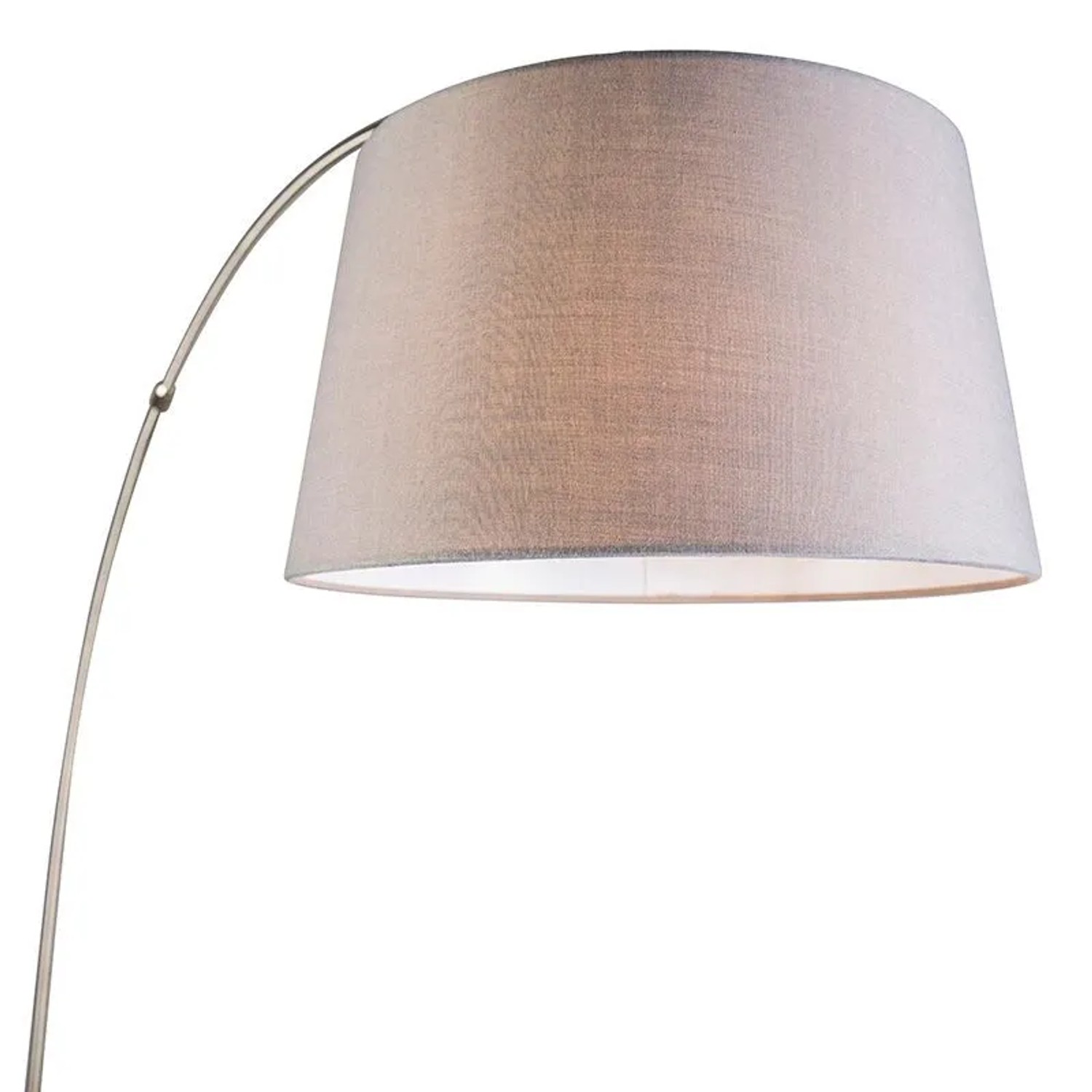 Moderne Bogenlampe Arc Basic mit grauem Stoffschirm und Stahlfuß für Innenräume.