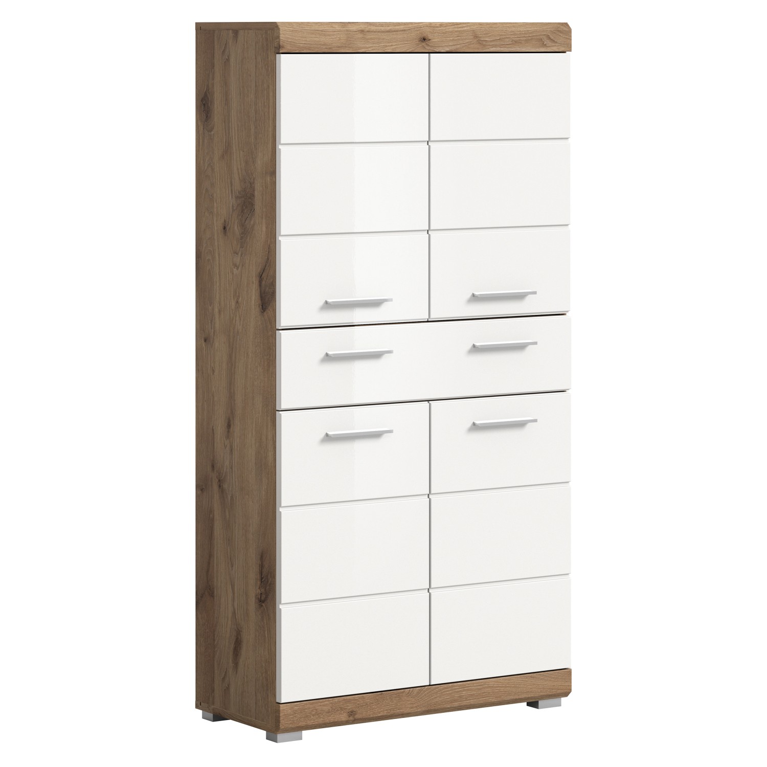 Standschrank Wave Weiß Hochglanz/Nox Oak 141 cm x 74 cm x 31 cm günstig online kaufen