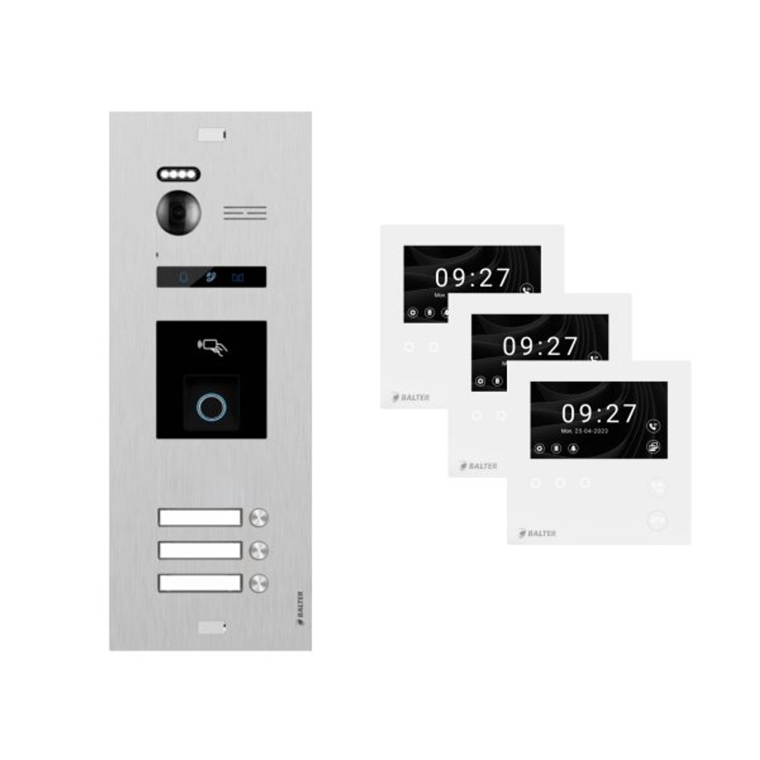 Balter Evo-HD-Mini Video Türsprechanlage mit Fingerprint Komplettset für 3-Familienhaus mit 3x 4,3 Zoll Monitor Silber