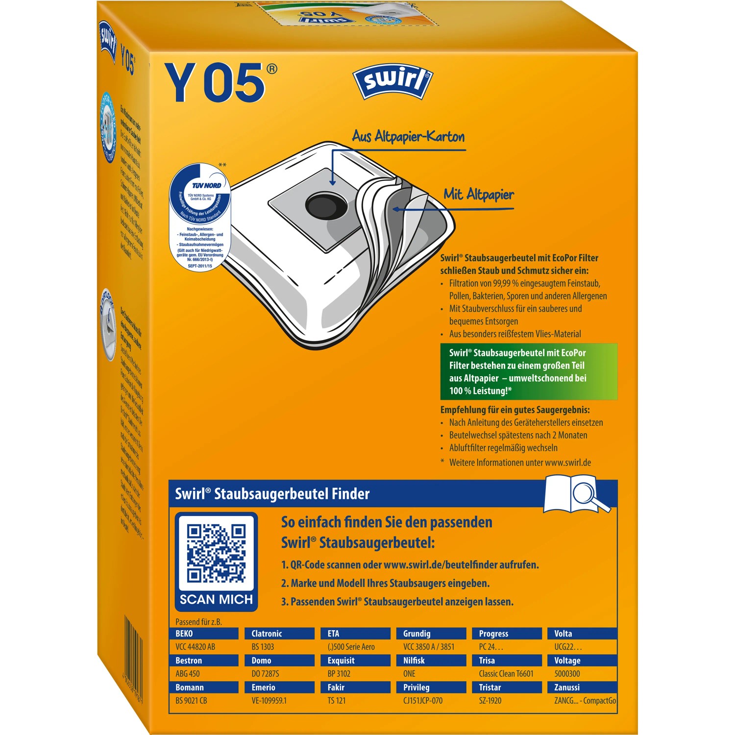 Swirl® Y 05® EcoPor® Staubsaugerbeutel, 4er-Pack, für Staubsauger Zubehör.