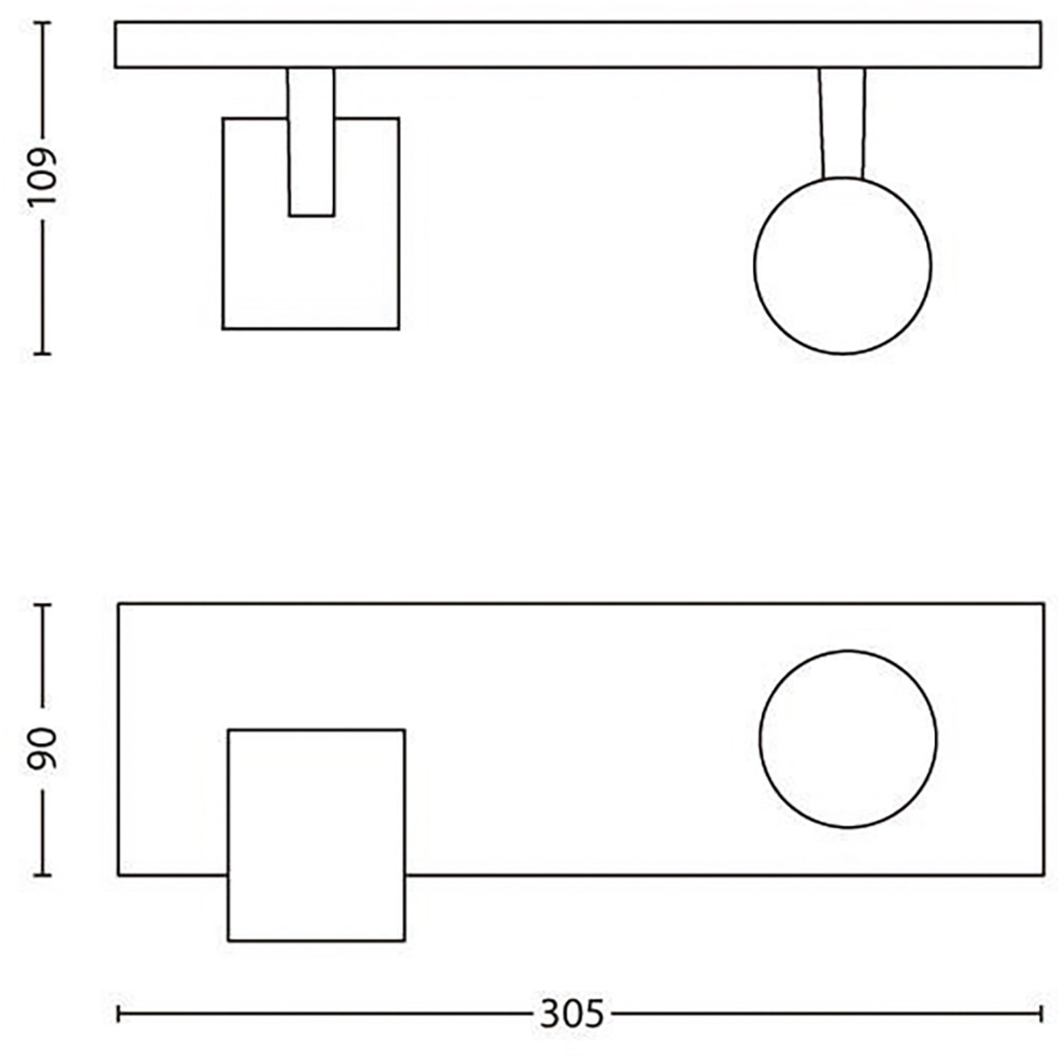 Technische Zeichnung des weißen Philips Runner Spots mit Maßen für GU10 Leuchtmittel.