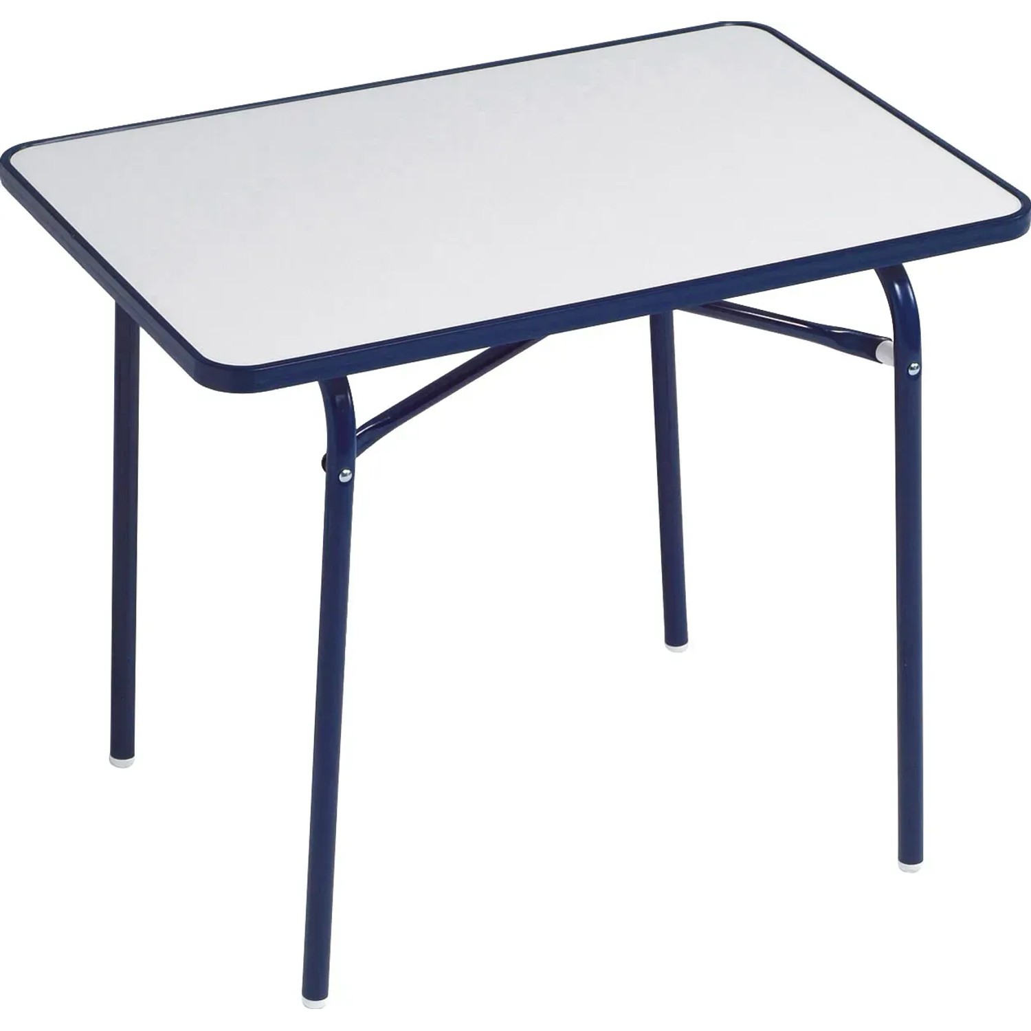 Blauer Kindertisch aus dem 3-tlg. Camping-Set mit weißer Tischplatte und Stahlrohrgestell.