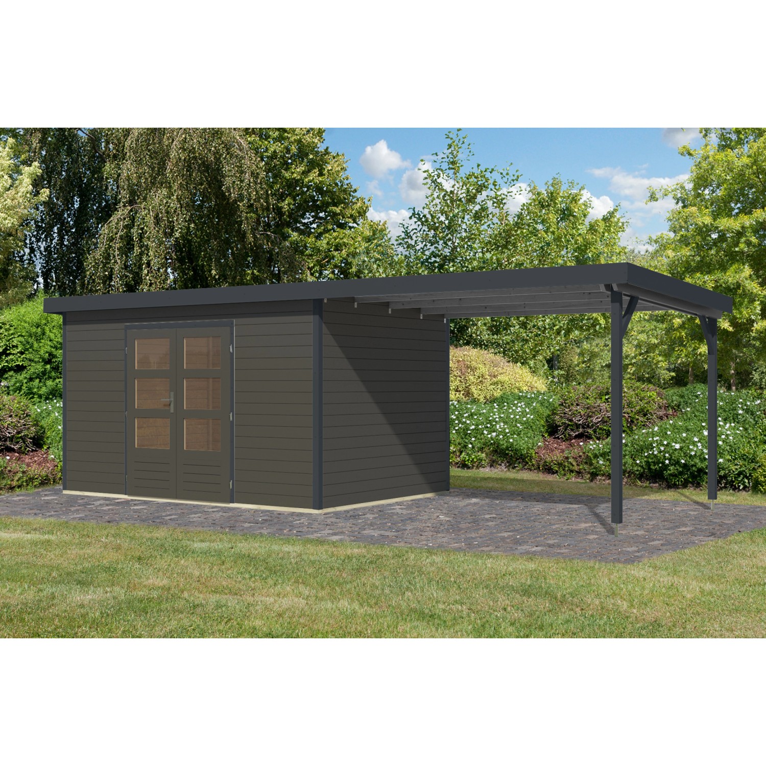 Karibu Gartenhaus Domingo 7 B Anbaudach Terragrau/Anthrazit 219 x 360 x 240 günstig online kaufen