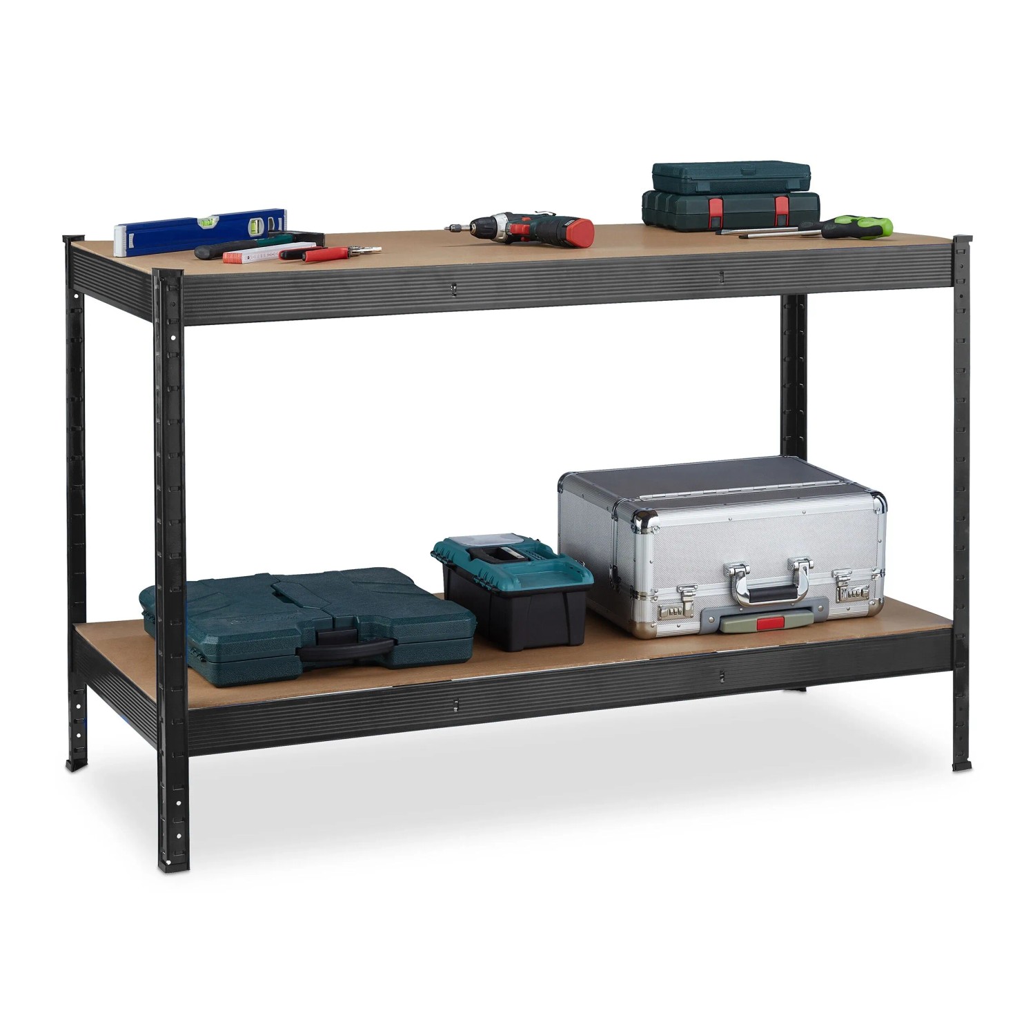 Relaxdays Werkbank Stahl MDF Schwarz Braun 2 Ebenen 91 cm x 141 cm x 61 cm