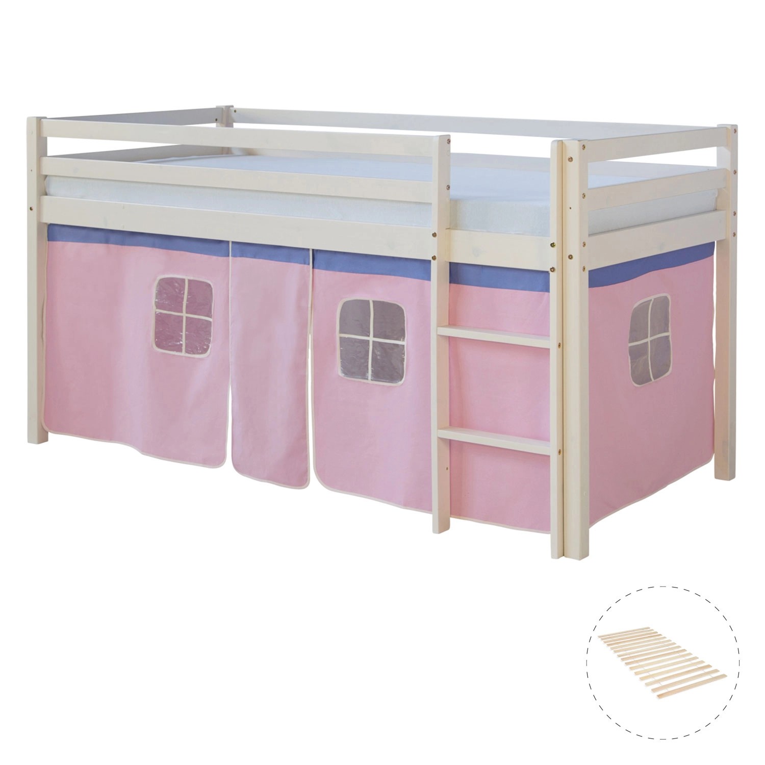 Homestyle4u Hochbett 90x200 mit Vorhang und Lattenrost in Weiß 2550