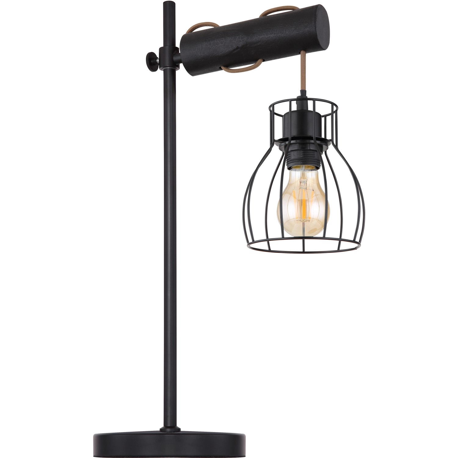 Schwarze Globo Tischleuchte Mina aus Metall mit Holzdetail und Käfigschirm.