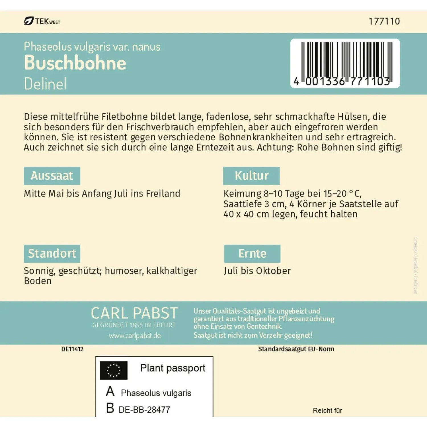 Saatgutpackung Pabst Keimkraft Buschbohne Delinel, mittelfrühe, fadenlose Sorte.