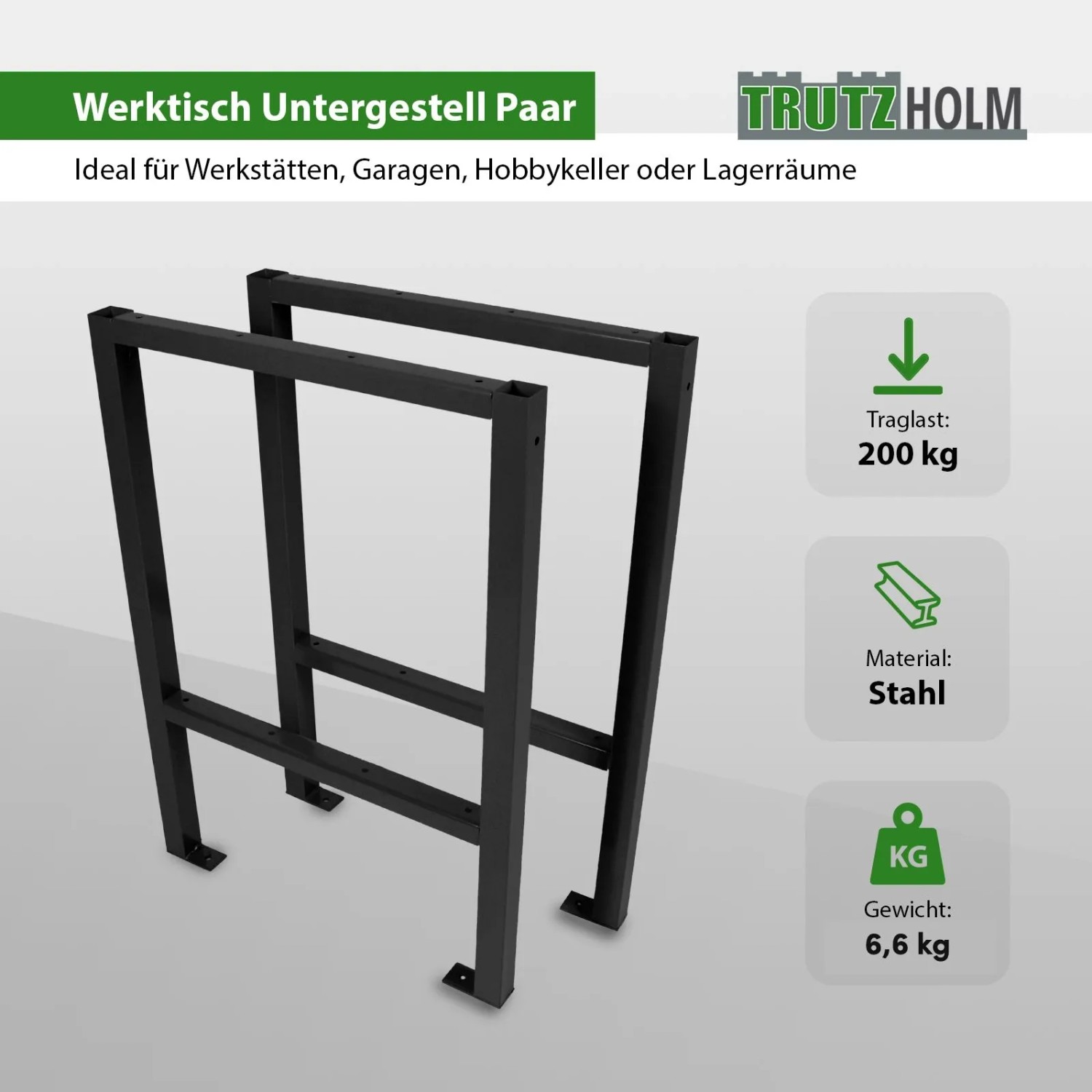 TRUTZHOLM Werktisch Untergestell, Stahl, schwarz, 2er Set, bis 200 kg Traglast.