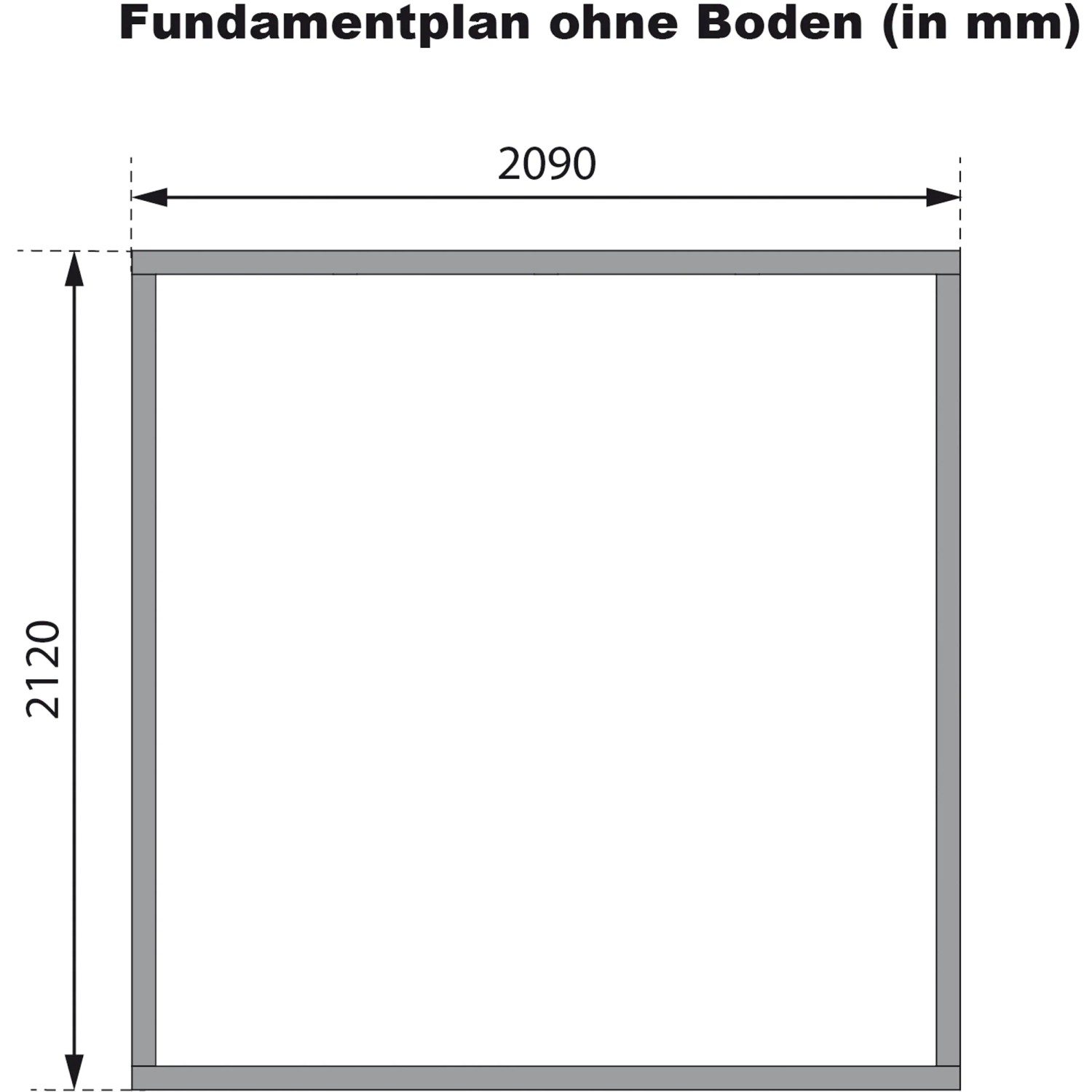 Fundamentplan des Karibu Gartenhaus Diego B, 4,45 m², ohne Boden, mit Maßangaben.
