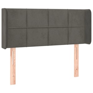 Dunkelgraues Samt-Kopfteil, gepolstert, mit Ohren und Holzfüßen. Modernes Bett-Kopfteil für Schlafzimmer.
