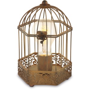 Rostfarbene Eglo Tischleuchte Harling im Käfig-Design aus Stahl.