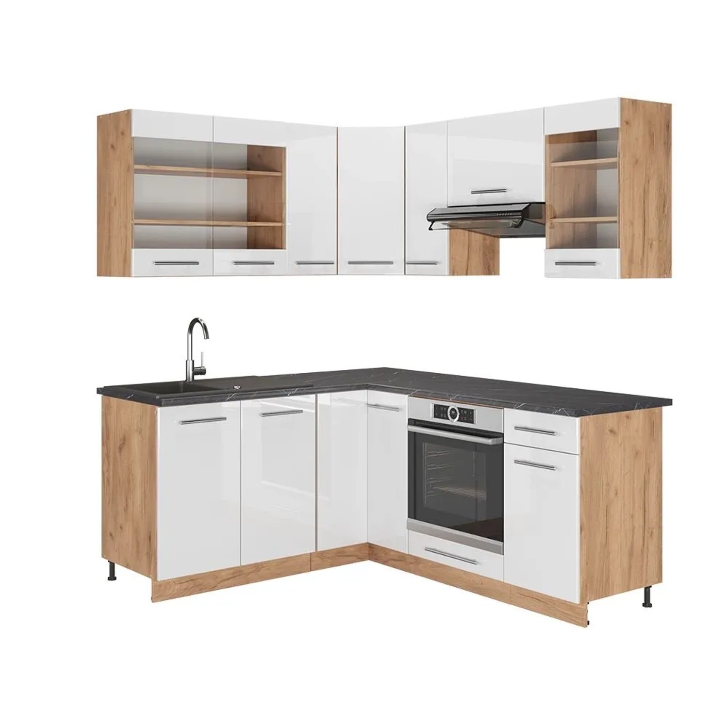 Vicco Eckküche Fame-Line Weiß Hochglanz/Goldkraft Eiche 190 x 82, AP Anthrazit