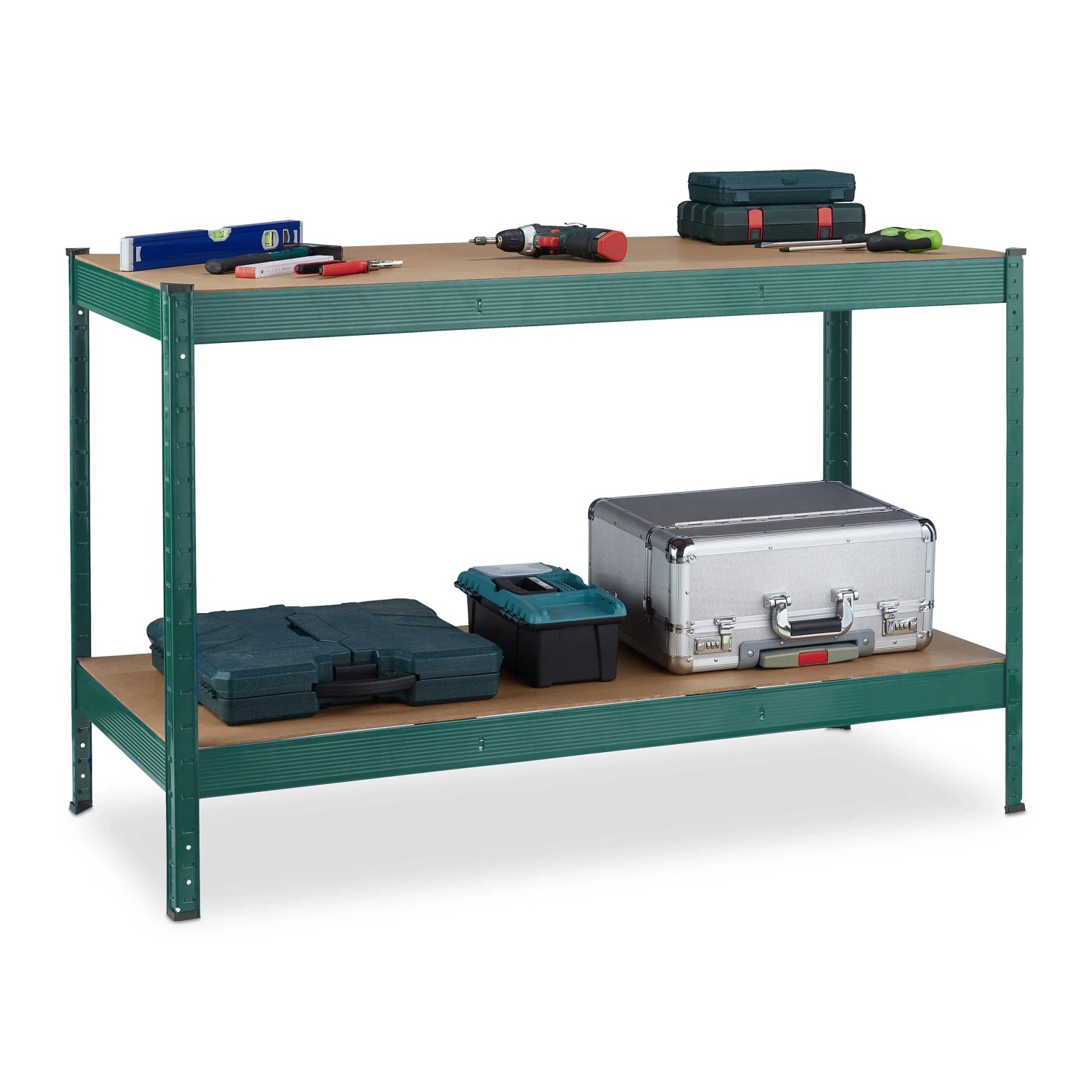 Relaxdays Werkbank 2 Ebenen Stahl MDF Grün Natur Höhenverstellbar 91 x 141 x 61 cm 15 kg