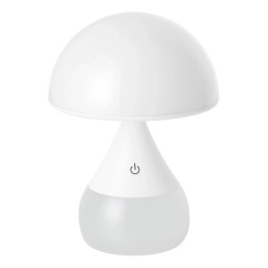 Weiße Eglo LED-Tischleuchte Clouds, Pilzform, transparentem Fuß, Touch-Bedienung. Ø 15 cm RGB/CCT.