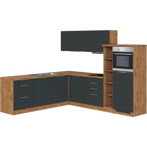 Moderne Held Möbel Winkelküche in Grau-Wotaneiche Optik mit E-Geräten.