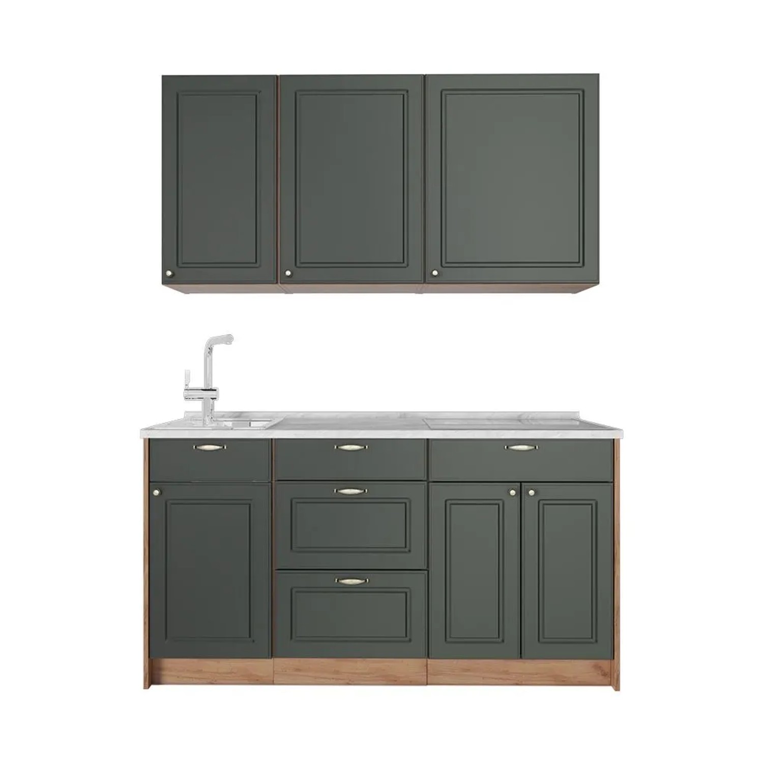 Vicco Singleküche Fame-Line Grün-Gold Landhaus/Goldkraft Eiche 150 x 82 AP Marmor Art Nr 64789
