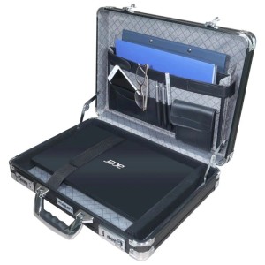 Offener HMF Alu Aktenkoffer schwarz mit Laptop, Dokumenten und Organizer. Sicherer Businesskoffer mit Zahlenschloss.