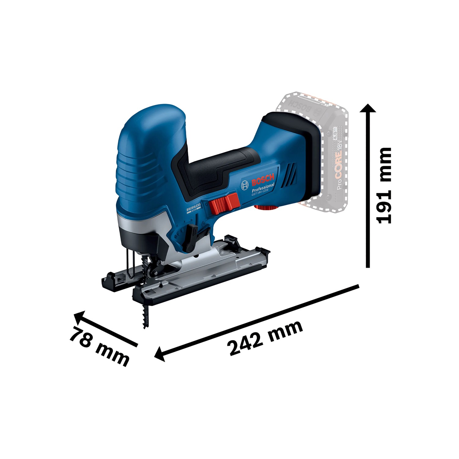 Bosch Professional Akku-Stichsäge GST 18 V-125 S, blau-schwarz, mit Stabgriff und Maßen 242x78x191 mm.