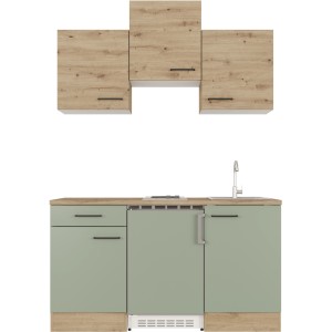 Flex-Well Singleküche Cara, 150 cm, Schilfgrün/Artisan Eiche: Miniküche mit Kühlschrank und Kochfeld.