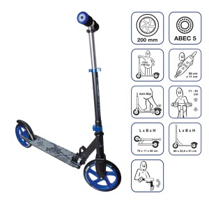 Muuwmi Aluminium Scooter in Schwarz-Blau, höhenverstellbarer Tretroller mit 200 mm Rollen.