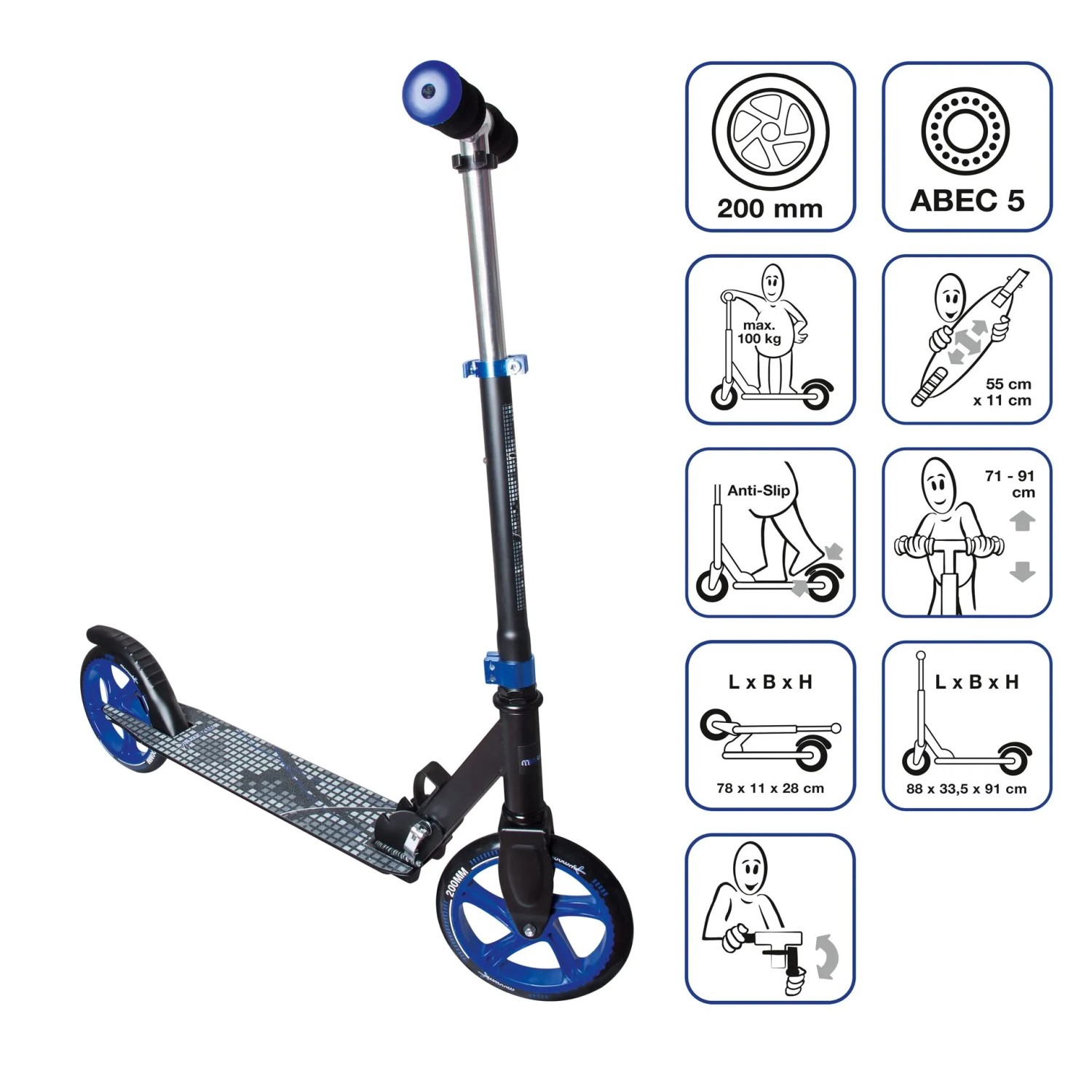 Muuwmi Aluminium Scooter in Schwarz-Blau, höhenverstellbarer Tretroller mit 200 mm Rollen.
