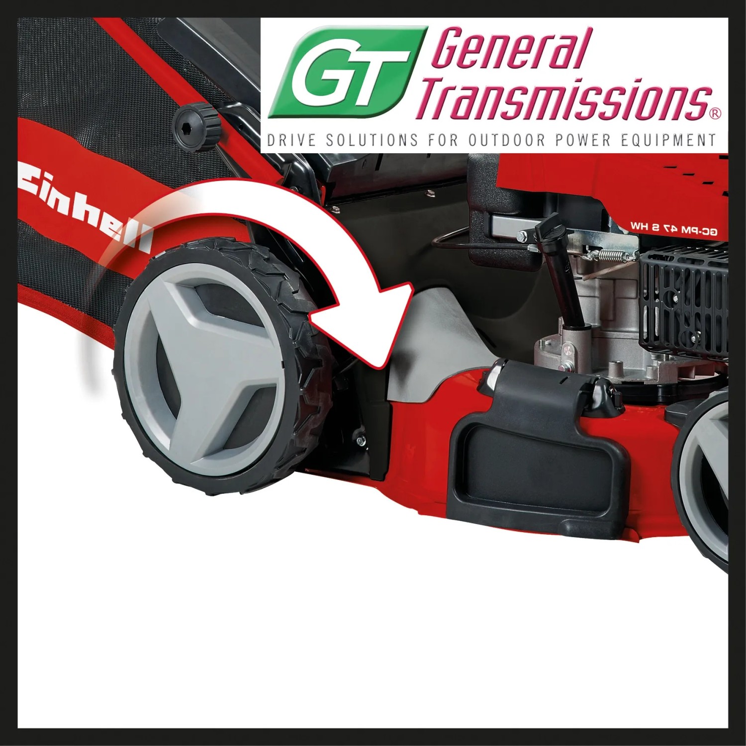 Detailaufnahme: Einhell GC-PM 56/2 S HW Benzin-Rasenmäher mit Hinterradantrieb.