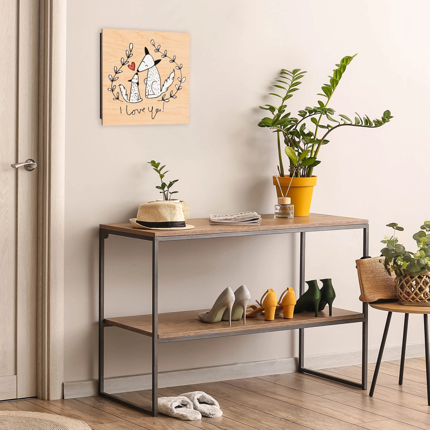 Banjado Schlüsselkasten Holz, 30x30cm, Motiv Fuchsliebe, 50 Haken, Scharnier rechts.