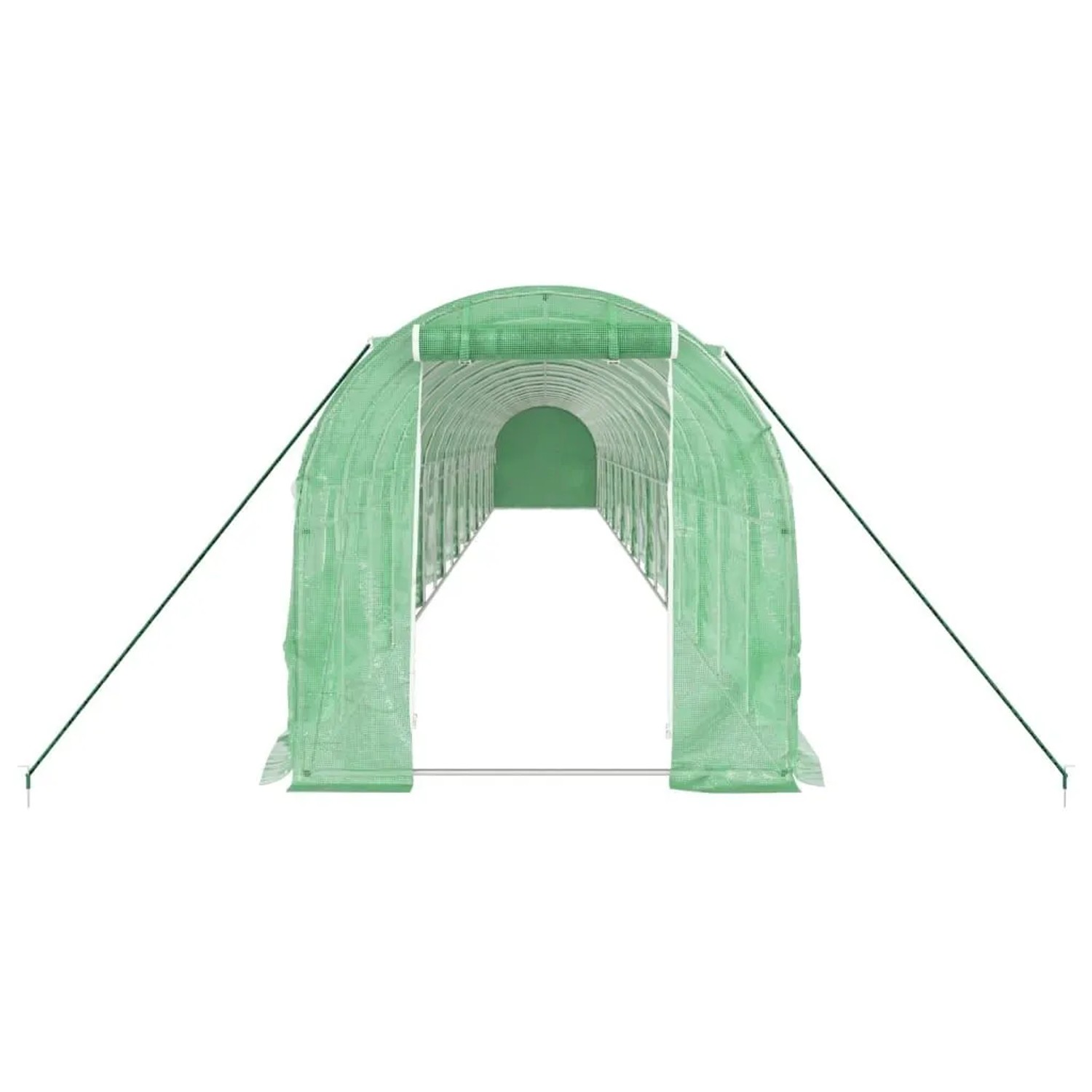 Großes grünes Tunnel-Gewächshaus mit verzinktem Stahlrahmen und PE-Folie, 18x2x2m. Schützt Pflanzen im Garten.